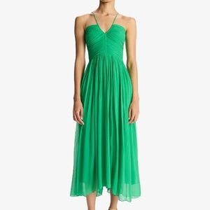 A.L.C. Rumi Dress in Green Crinkle 100% Silk Chiffon Smocked V-Neckline